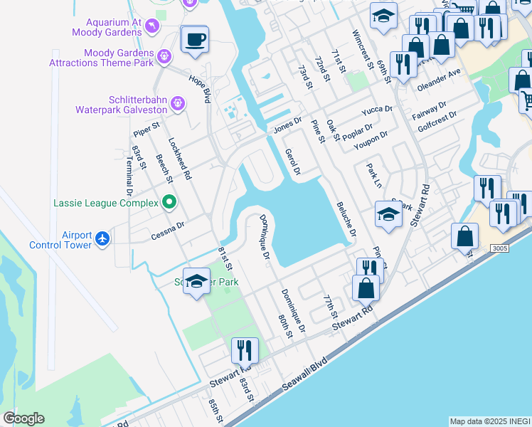 map of restaurants, bars, coffee shops, grocery stores, and more near 2882 Dominique Drive in Galveston