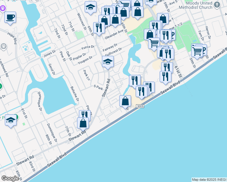 map of restaurants, bars, coffee shops, grocery stores, and more near 6913 Weis drive in Galveston