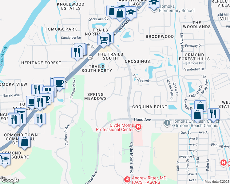 map of restaurants, bars, coffee shops, grocery stores, and more near 26 Spring Meadows Drive in Ormond Beach