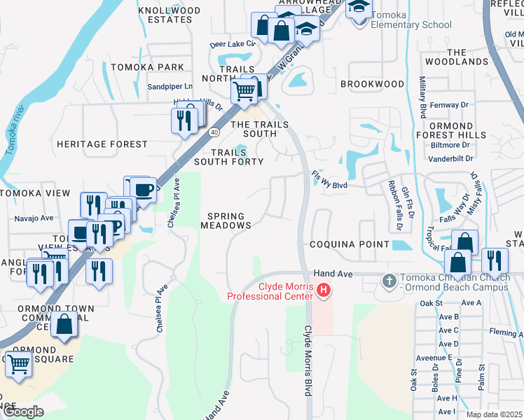 map of restaurants, bars, coffee shops, grocery stores, and more near 27 Spring Meadows Drive in Ormond Beach