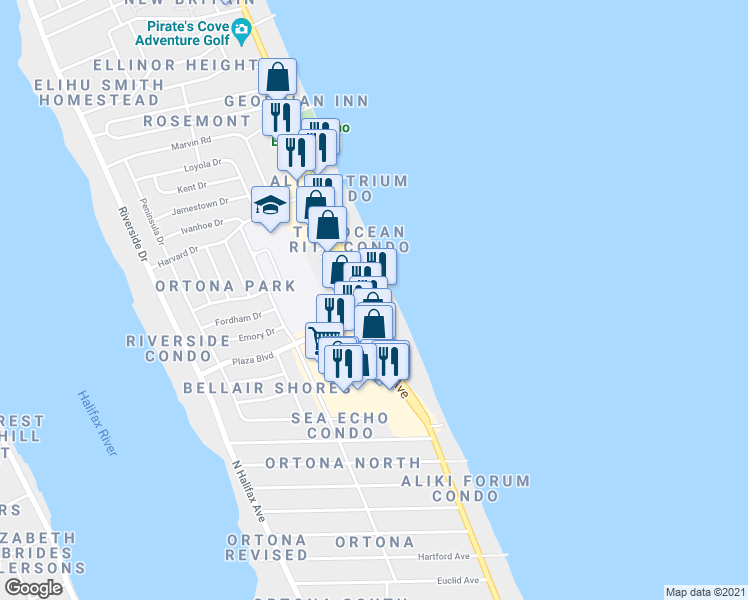 map of restaurants, bars, coffee shops, grocery stores, and more near 2728 North Atlantic Avenue in Daytona Beach
