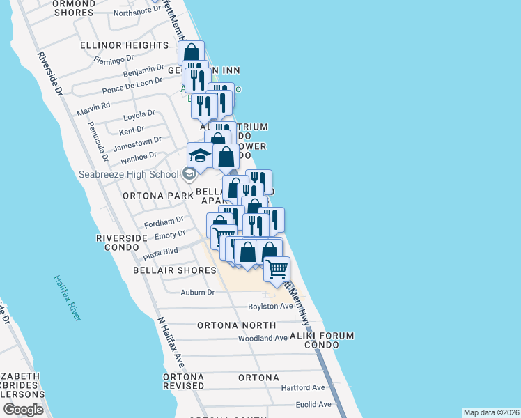 map of restaurants, bars, coffee shops, grocery stores, and more near 2699 North Atlantic Avenue in Daytona Beach