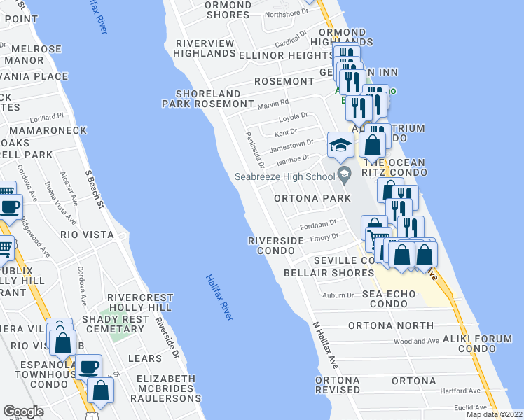 map of restaurants, bars, coffee shops, grocery stores, and more near 3009 North Halifax Avenue in Daytona Beach
