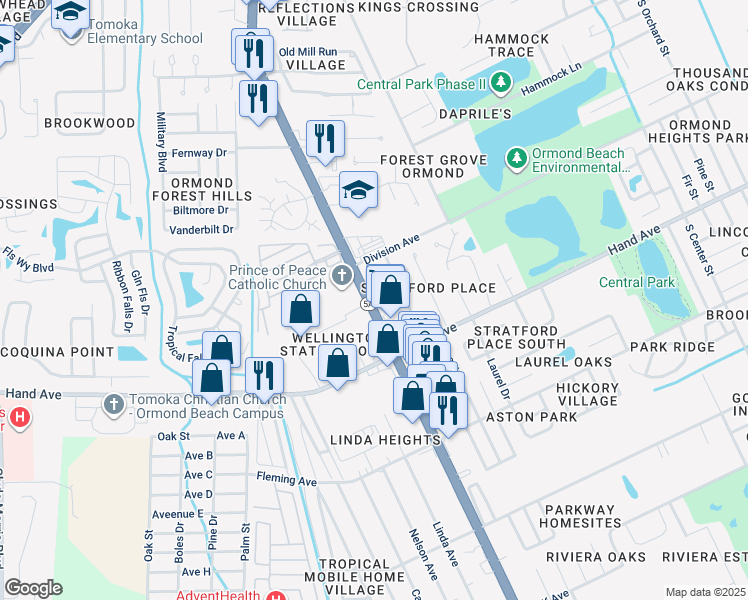 map of restaurants, bars, coffee shops, grocery stores, and more near 621 Florida 5A in Ormond Beach