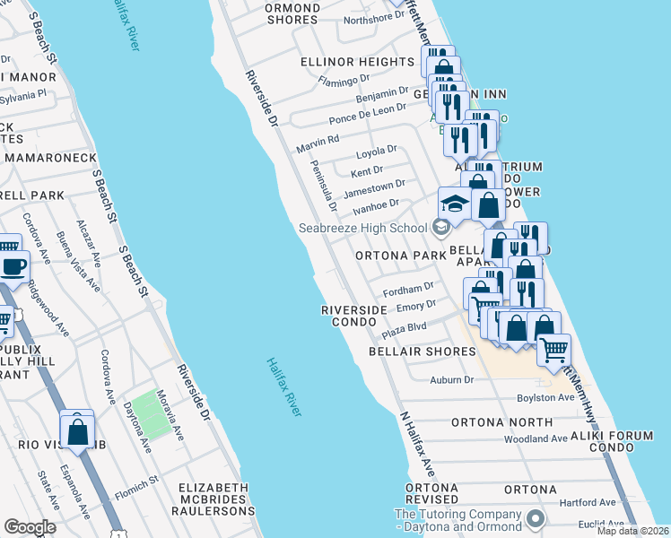 map of restaurants, bars, coffee shops, grocery stores, and more near 3013 Riverside Drive in Ormond Beach