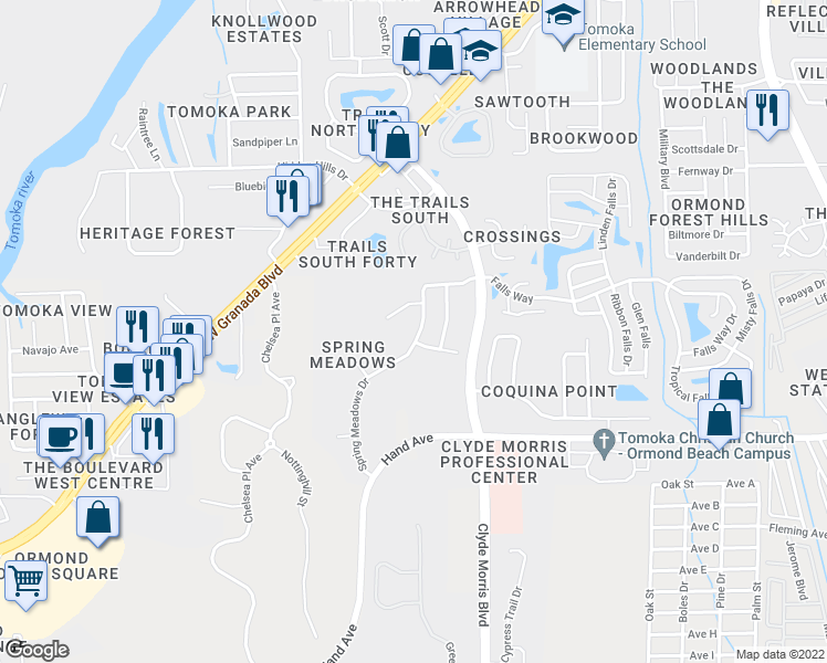 map of restaurants, bars, coffee shops, grocery stores, and more near 25 Spring Meadows Drive in Ormond Beach