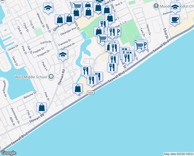 map of restaurants, bars, coffee shops, grocery stores, and more near 6432 Central City Boulevard in Galveston