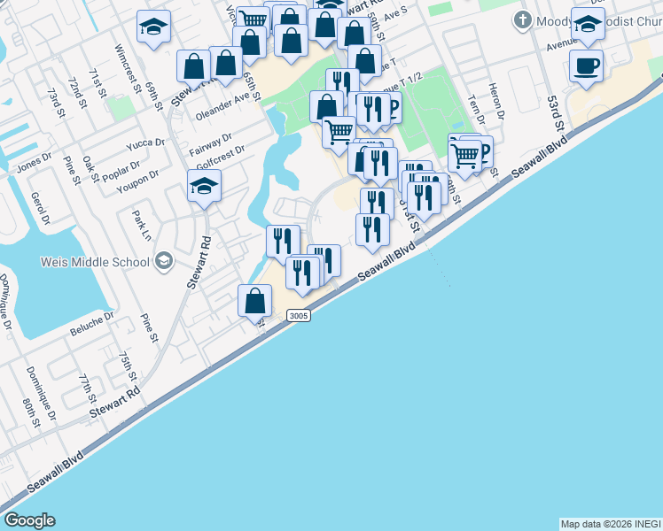map of restaurants, bars, coffee shops, grocery stores, and more near 6300 Seawall Boulevard in Galveston