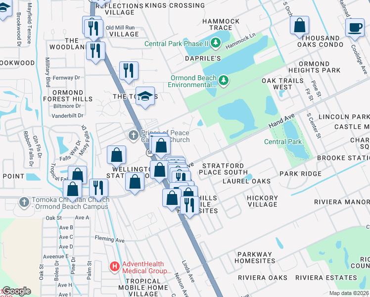 map of restaurants, bars, coffee shops, grocery stores, and more near 11 Stratford Place in Ormond Beach