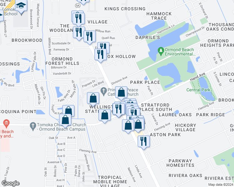 map of restaurants, bars, coffee shops, grocery stores, and more near 621 South Nova Road in Ormond Beach