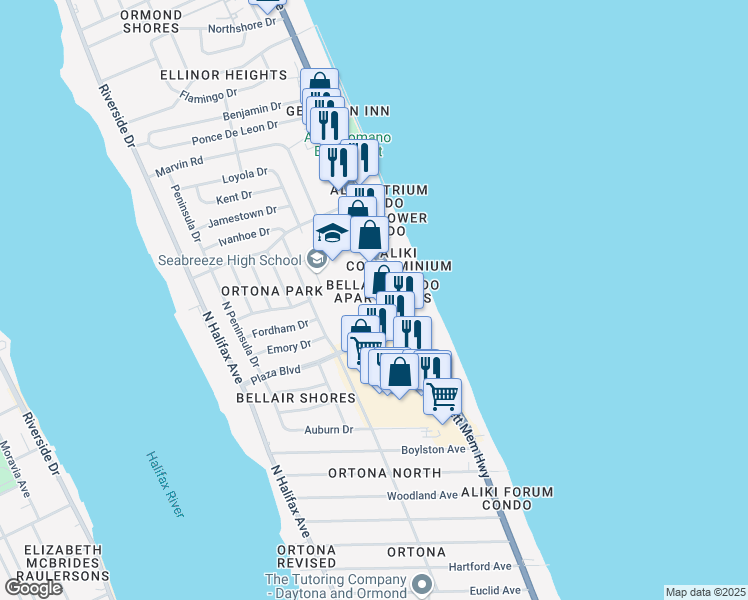 map of restaurants, bars, coffee shops, grocery stores, and more near 2715 North Atlantic Avenue in Daytona Beach