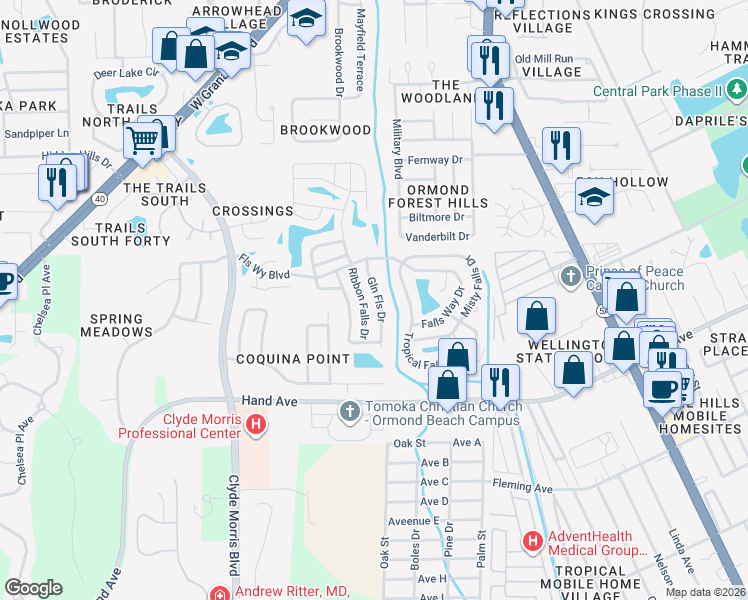map of restaurants, bars, coffee shops, grocery stores, and more near 15 Highland Falls Drive in Ormond Beach