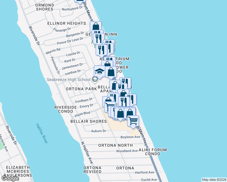 map of restaurants, bars, coffee shops, grocery stores, and more near 2715 North Atlantic Avenue in Daytona Beach