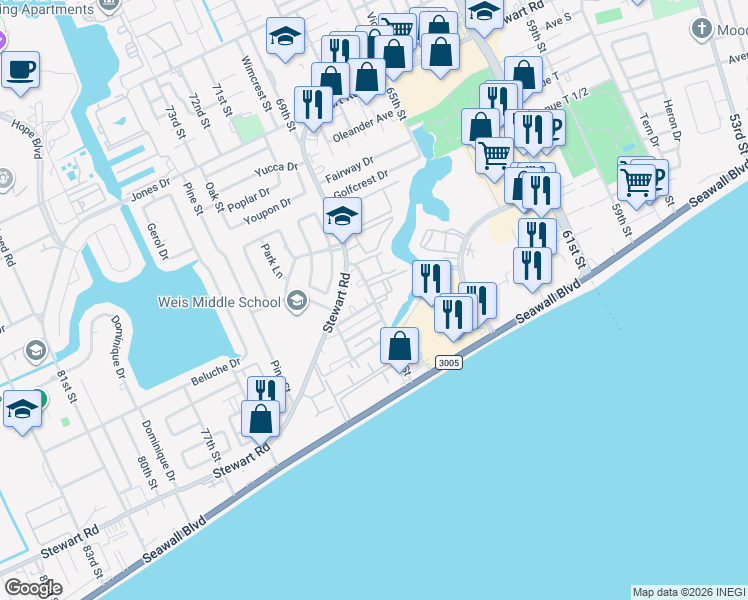map of restaurants, bars, coffee shops, grocery stores, and more near 3107 69th Street in Galveston