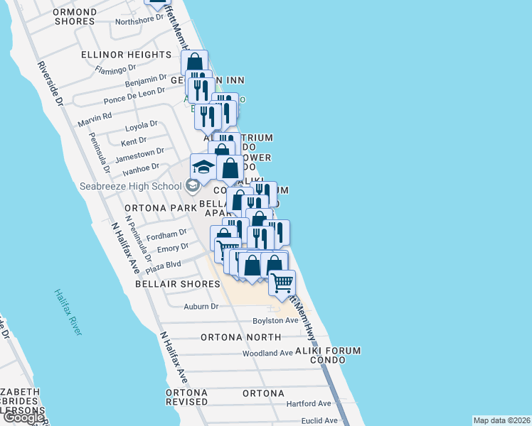 map of restaurants, bars, coffee shops, grocery stores, and more near 2699 North Atlantic Avenue in Daytona Beach