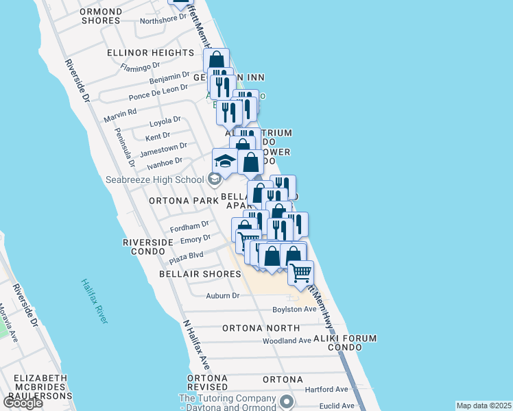 map of restaurants, bars, coffee shops, grocery stores, and more near 2715 North Atlantic Avenue in Daytona Beach