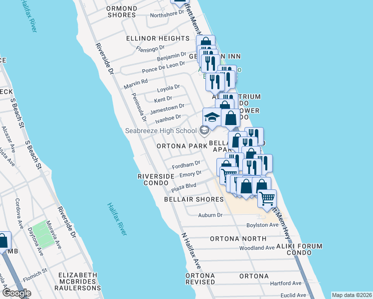 map of restaurants, bars, coffee shops, grocery stores, and more near 324 Georgetown Drive in Daytona Beach