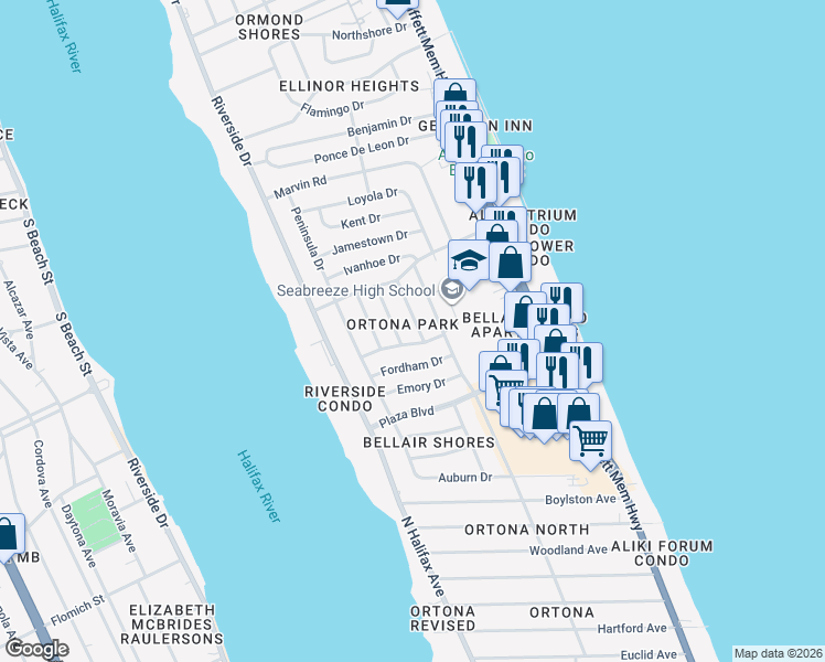 map of restaurants, bars, coffee shops, grocery stores, and more near 324 Georgetown Drive in Daytona Beach