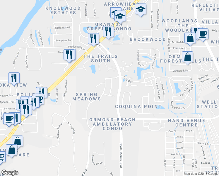 map of restaurants, bars, coffee shops, grocery stores, and more near 9 Fernmeadow Lane in Ormond Beach