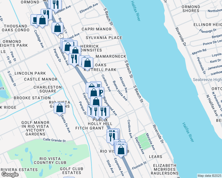 map of restaurants, bars, coffee shops, grocery stores, and more near 707 Cordova Avenue in Ormond Beach