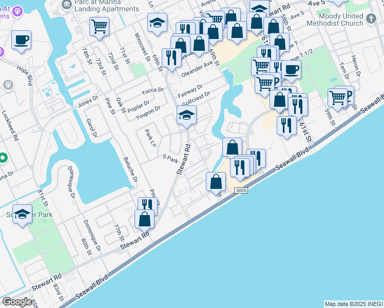 map of restaurants, bars, coffee shops, grocery stores, and more near 15 Stewart Road in Galveston