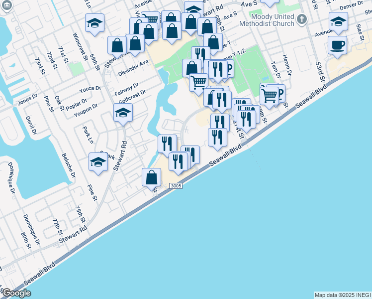 map of restaurants, bars, coffee shops, grocery stores, and more near 6421 Central City Boulevard in Galveston