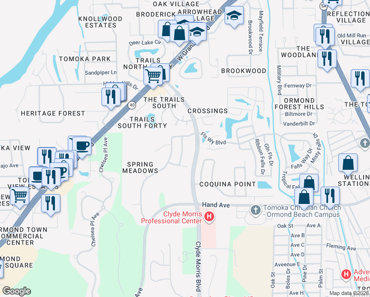 map of restaurants, bars, coffee shops, grocery stores, and more near 8 Fernmeadow Lane in Ormond Beach
