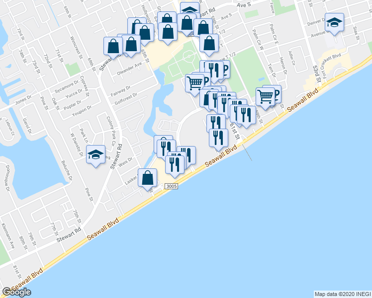 map of restaurants, bars, coffee shops, grocery stores, and more near 6435 Central City Boulevard in Galveston