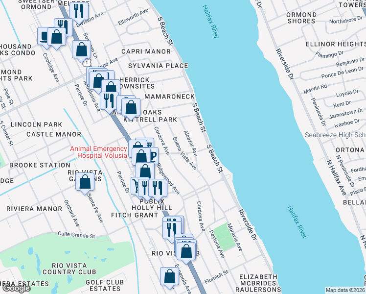 map of restaurants, bars, coffee shops, grocery stores, and more near 734 Alcazar Avenue in Ormond Beach