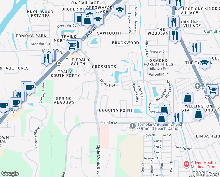 map of restaurants, bars, coffee shops, grocery stores, and more near Falls Way in Ormond Beach