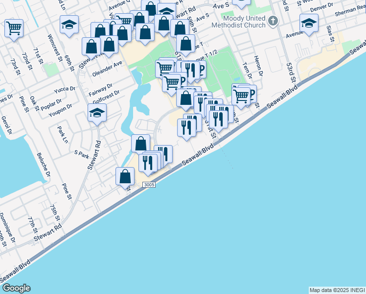 map of restaurants, bars, coffee shops, grocery stores, and more near 6445 Central City Boulevard in Galveston