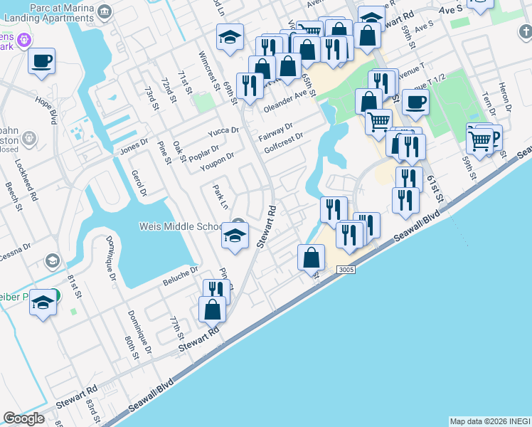 map of restaurants, bars, coffee shops, grocery stores, and more near 63 Colony Park Circle in Galveston