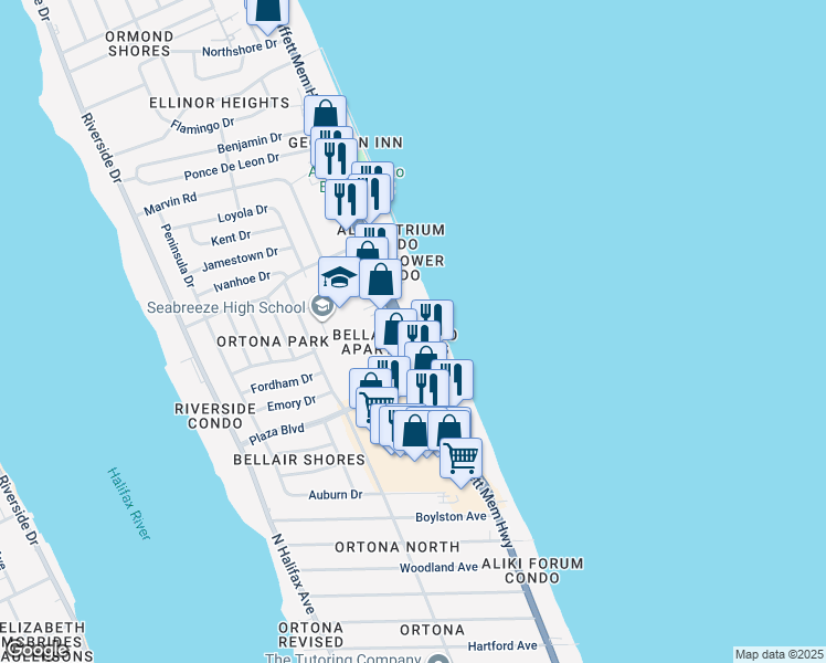 map of restaurants, bars, coffee shops, grocery stores, and more near 2800 North Atlantic Avenue in Daytona Beach