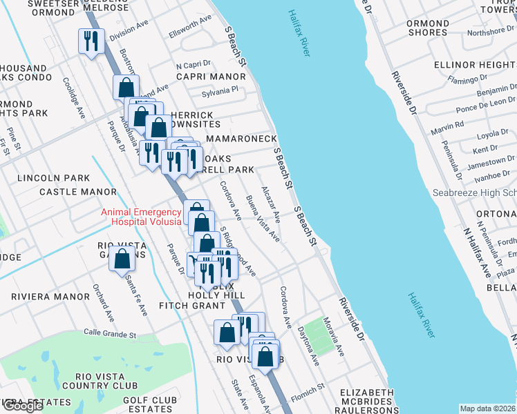 map of restaurants, bars, coffee shops, grocery stores, and more near 734 Alcazar Avenue in Ormond Beach
