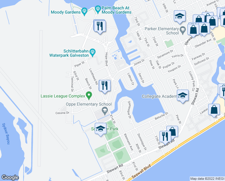 map of restaurants, bars, coffee shops, grocery stores, and more near 15 Lakeview Drive in Galveston