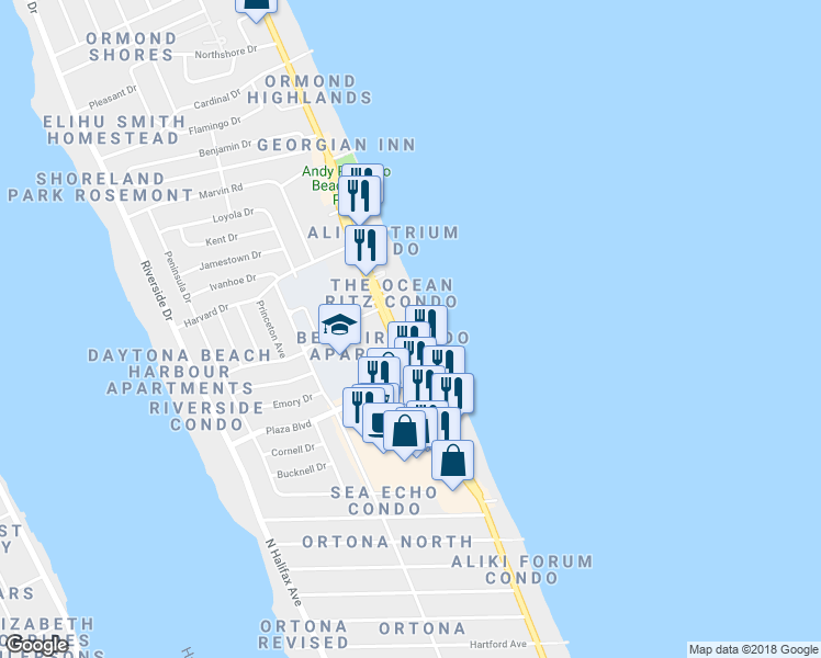 map of restaurants, bars, coffee shops, grocery stores, and more near 2800 North Atlantic Avenue in Daytona Beach