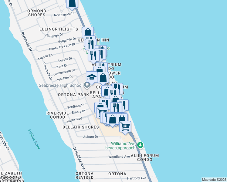 map of restaurants, bars, coffee shops, grocery stores, and more near 2800 North Atlantic Avenue in Daytona Beach
