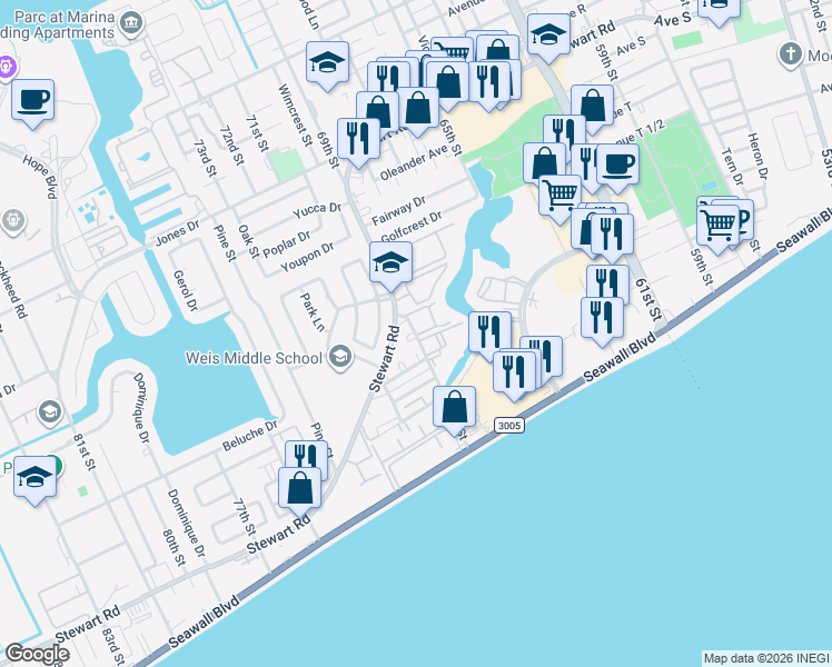map of restaurants, bars, coffee shops, grocery stores, and more near 3106 69th Street in Galveston