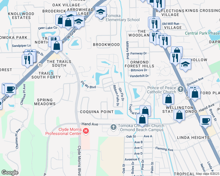 map of restaurants, bars, coffee shops, grocery stores, and more near 15 Highland Falls Drive in Ormond Beach