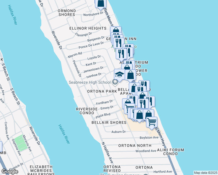 map of restaurants, bars, coffee shops, grocery stores, and more near 3031 Oleander Avenue in Ormond Beach
