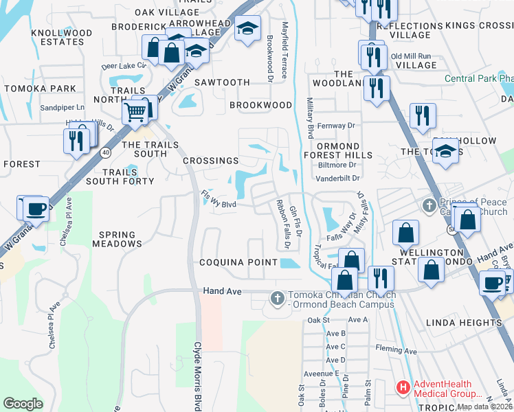 map of restaurants, bars, coffee shops, grocery stores, and more near Falls Way in Ormond Beach