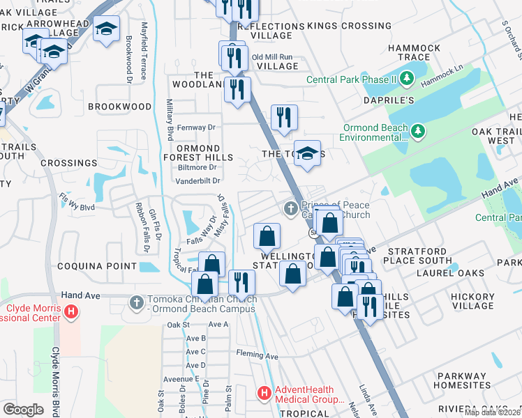 map of restaurants, bars, coffee shops, grocery stores, and more near 500 South Nova Road in Ormond Beach