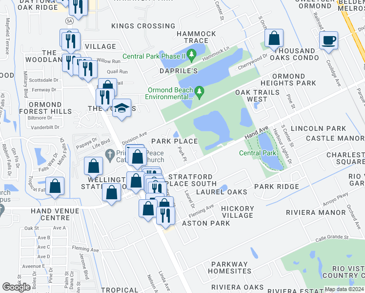 map of restaurants, bars, coffee shops, grocery stores, and more near 29 Park Place in Ormond Beach