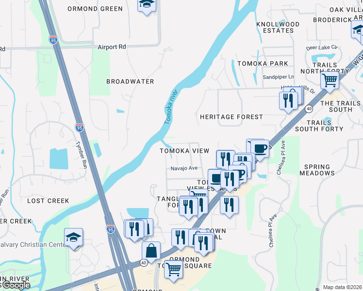 map of restaurants, bars, coffee shops, grocery stores, and more near 351 Seminole Drive in Ormond Beach