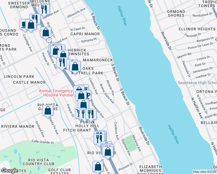map of restaurants, bars, coffee shops, grocery stores, and more near 734 Alcazar Avenue in Ormond Beach
