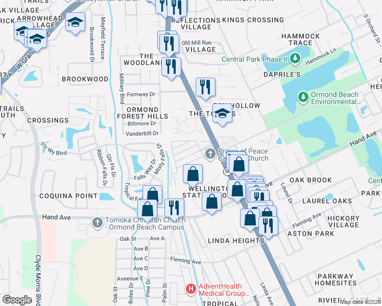map of restaurants, bars, coffee shops, grocery stores, and more near 500 South Nova Road in Ormond Beach