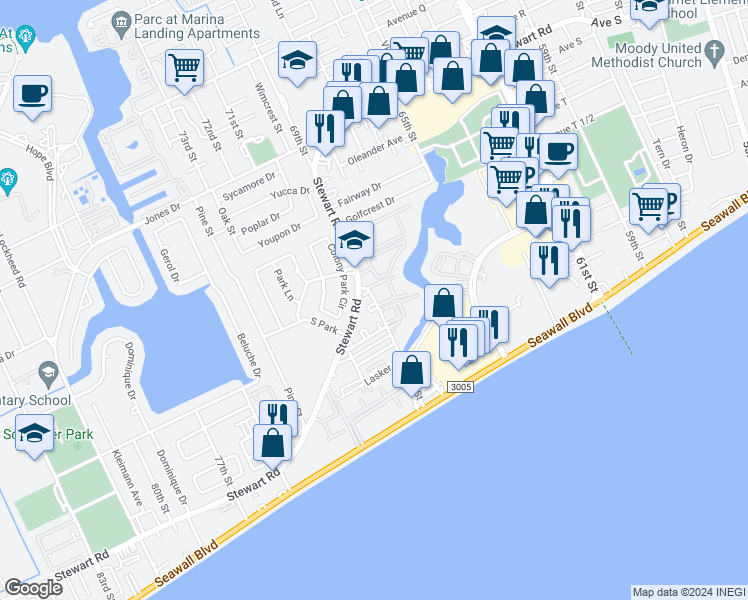 map of restaurants, bars, coffee shops, grocery stores, and more near 15 Stewart Road in Galveston