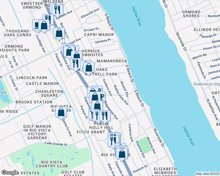 map of restaurants, bars, coffee shops, grocery stores, and more near 707 Cordova Ave in Ormond Beach