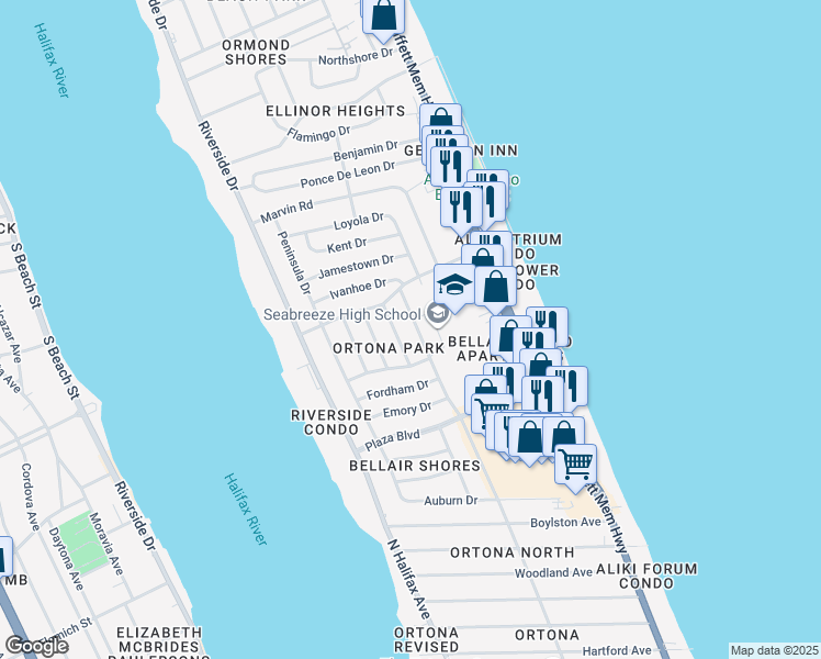 map of restaurants, bars, coffee shops, grocery stores, and more near 3031 Oleander Avenue in Ormond Beach