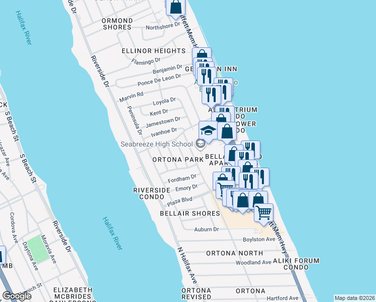 map of restaurants, bars, coffee shops, grocery stores, and more near 3031 Oleander Avenue in Ormond Beach